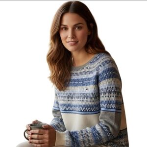 Tommy Hilfiger Vintage Lambswool Fairisle Nordic Sweater Blue Gray Cream Size L